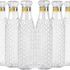 KHANJAN N-333 Water Bottle 1000ml |BPA-Free, Leakproof, Unbreakable Diamond Texture, Transparent Design with Crystal Diamond Pattern | White with Golden Ring Accents (Pack of 06)